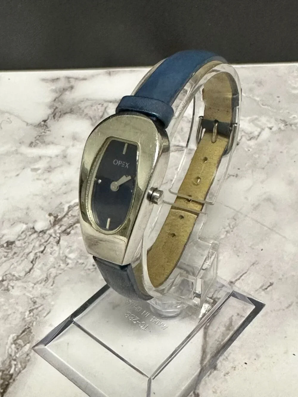 Opex Watch Women Silver Tone Blue Dial Skinny Leather Band New Battery 8 Inch